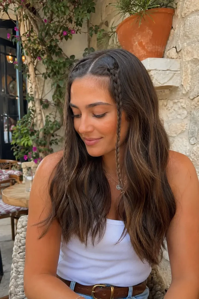 woman with medium-length brunette hair styled in loose natural waves and two mini front braids framing her face. The hairstyle features realistic texture, soft shine, and effortless movement. She wears a casual trendy outfit and sits outdoors in natural daylight