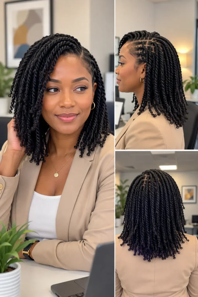 woman with neat mini twists hairstyle in a professional office setting, shown from front, side, and back angles. Natural hair texture and realistic density are clearly visible, with detailed twist patterning and soft natural lighting highlighting the hairstyle