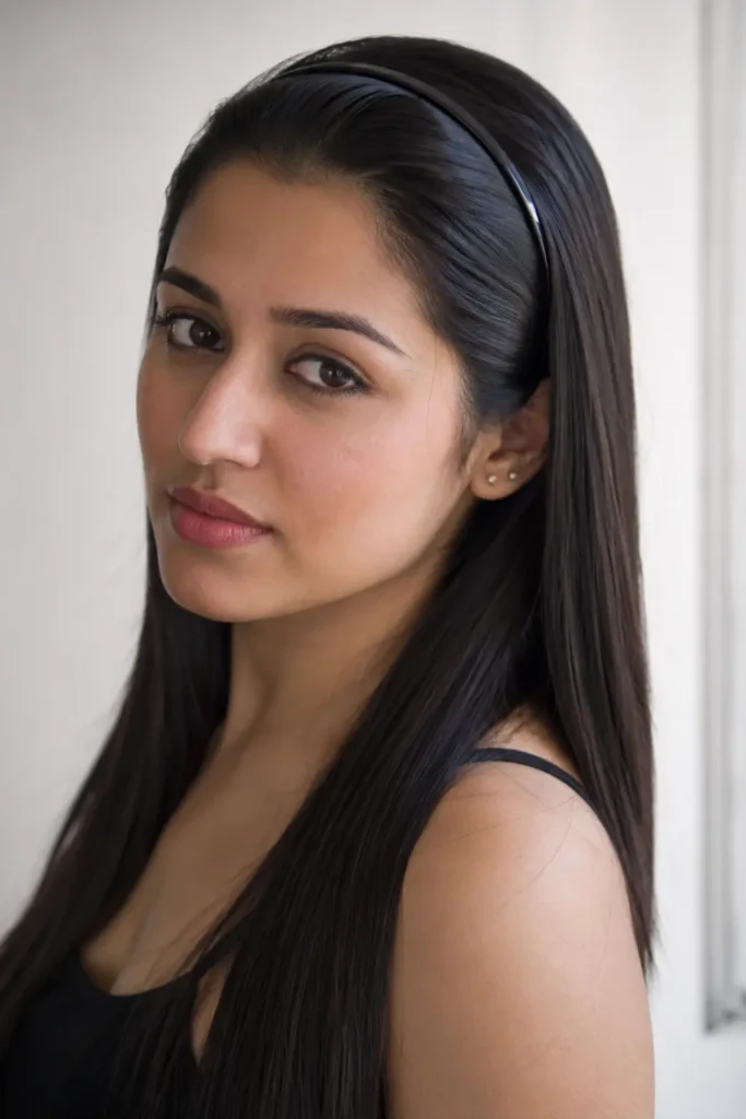 23-year-old woman with ultra-sleek glass hair styled with a minimal black headband, realistic skin texture and natural facial features, captured in a soft indoor portrait