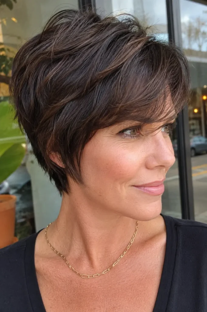 Close-up vertical portrait of a real woman over 40 with a modern bixie haircut—a textured pixie-bob hybrid featuring choppy layers, soft volume, and rich brunette tones. The hairstyle dominates the frame, showcasing movement, dimension, and feathered texture