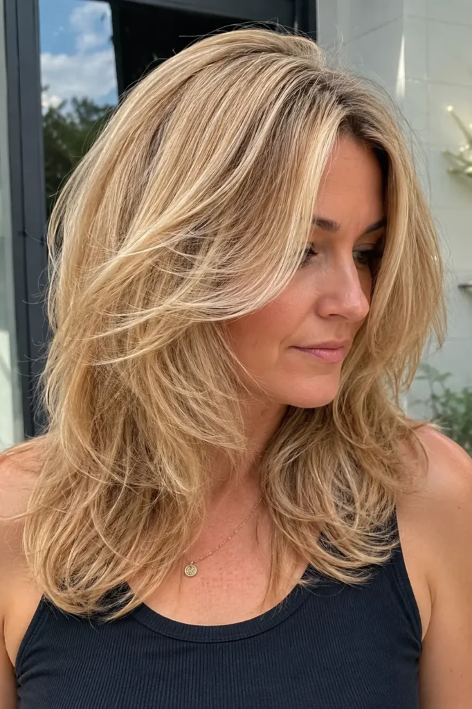 a English woman with a modern butterfly choppy layered haircut in creamy golden blonde, photographed outdoors in bright daylight.