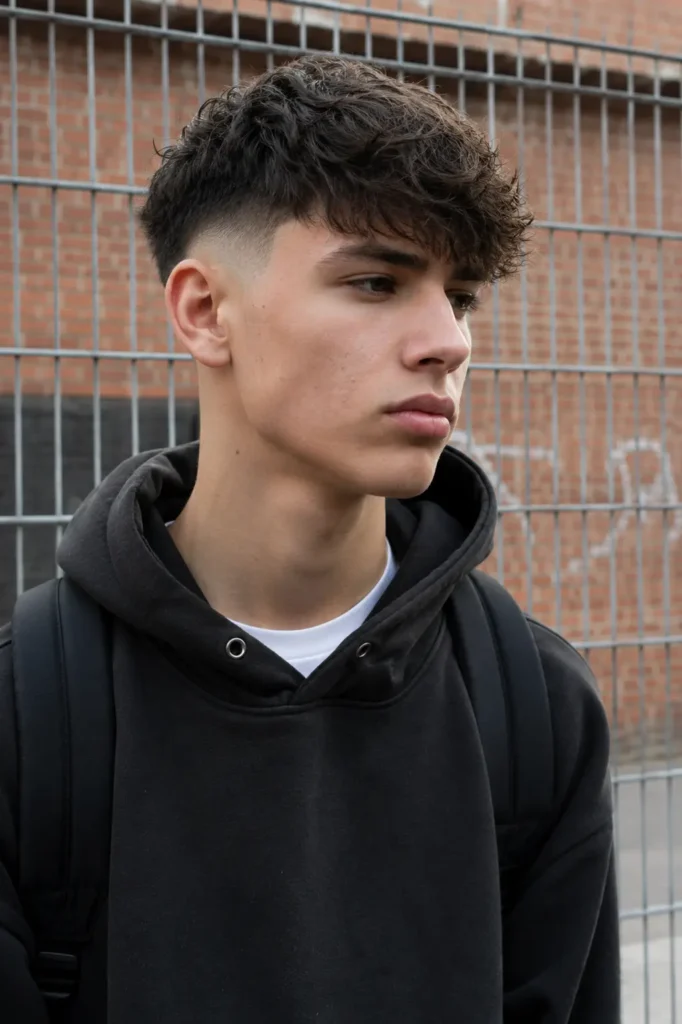 teenage boy with a modern Edgar haircut featuring a textured fringe and faded sides, wearing a black streetwear hoodie in an outdoor urban setting