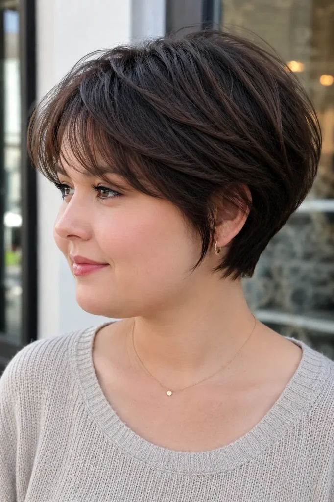 English woman aged 25–40 with a round face and modern Korean pixie bob haircut featuring soft side bangs and airy layered texture