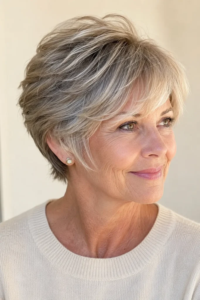 A real English woman aged 58–70 with a modern long pixie haircut featuring dimensional layered texture, wearing a cream sweater against a soft beige background in bright natural daylight.
