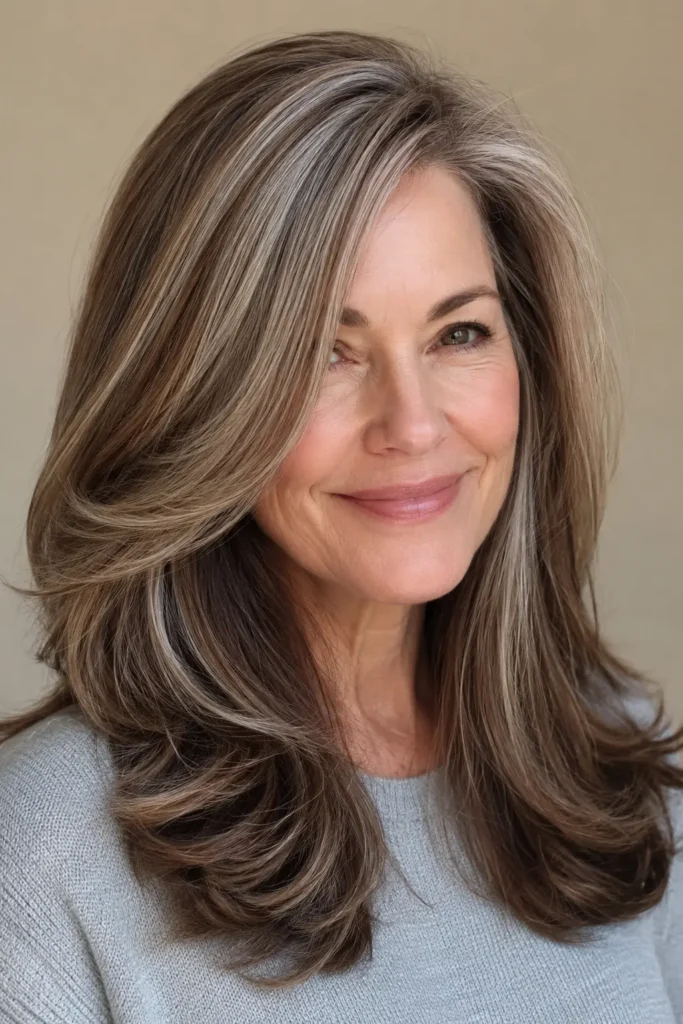 Real English woman aged 45–60 with glossy mushroom brown hair and elegant silver highlights, featuring silky layered strands, natural shine, realistic skin texture, a light gray sweater, and a soft cream background.