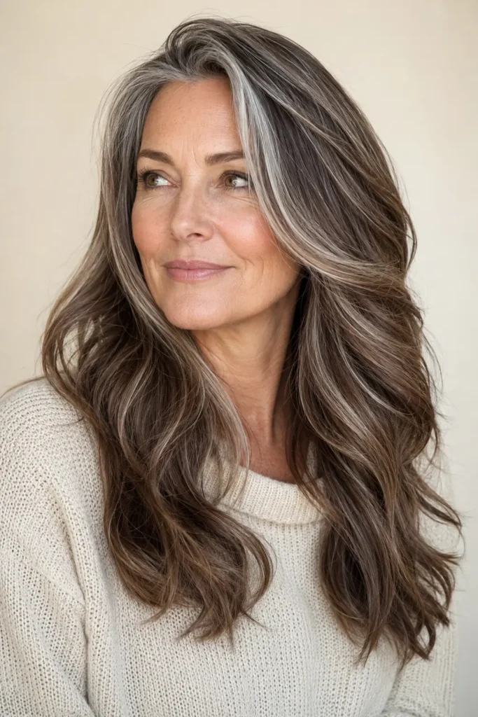 English woman aged 45–60 with long natural brown hair accented by soft silver streaks, featuring glossy, silky strands in bright natural daylight, wearing an ivory knit sweater against a neutral beige background.