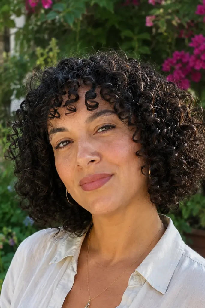 woman with a natural textured bob and curly bangs, featuring defined coily curls and realistic skin texture, wearing a casual elegant cream blouse in an outdoor garden setting.