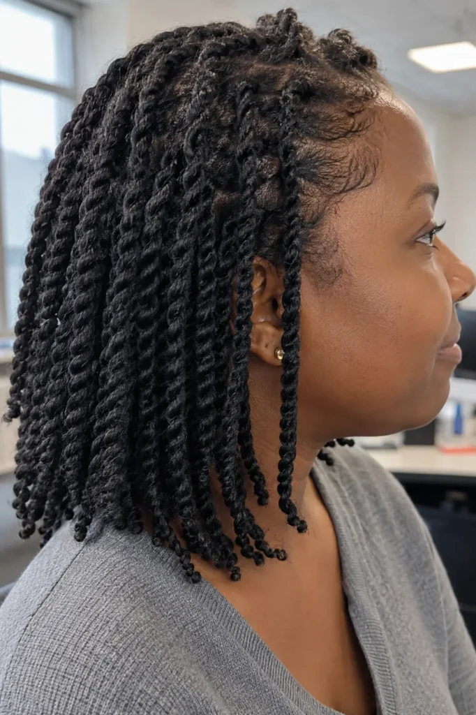 Close-up side-profile portrait of a real woman with neat medium-sized two-strand twists, showcasing natural hair texture and realistic density. The twists are sharply defined and neatly parted, with the hairstyle filling most of the frame.