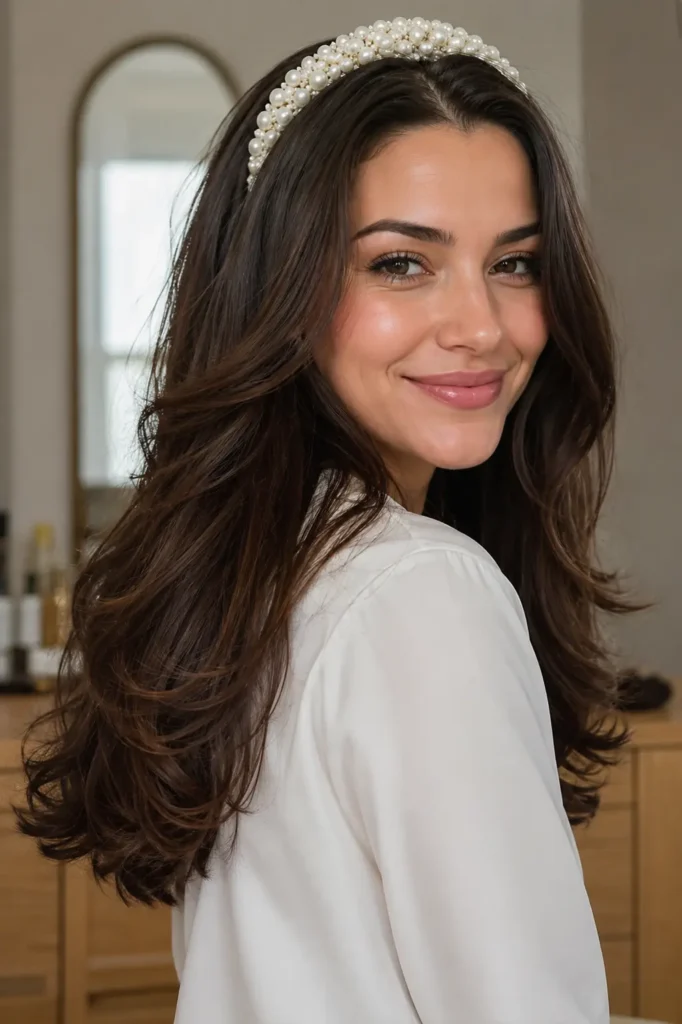 Portrait of a real woman wearing a pearl-embellished headband, styled with a soft blowout featuring voluminous waves and natural hair movement. She looks over her shoulder with a subtle smile, showcasing realistic skin texture and minimal makeup