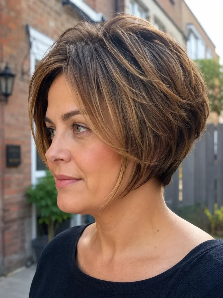 English woman with a round face and a layered pixie bob haircut featuring soft face-framing pieces, photographed outdoors in bright natural daylight
