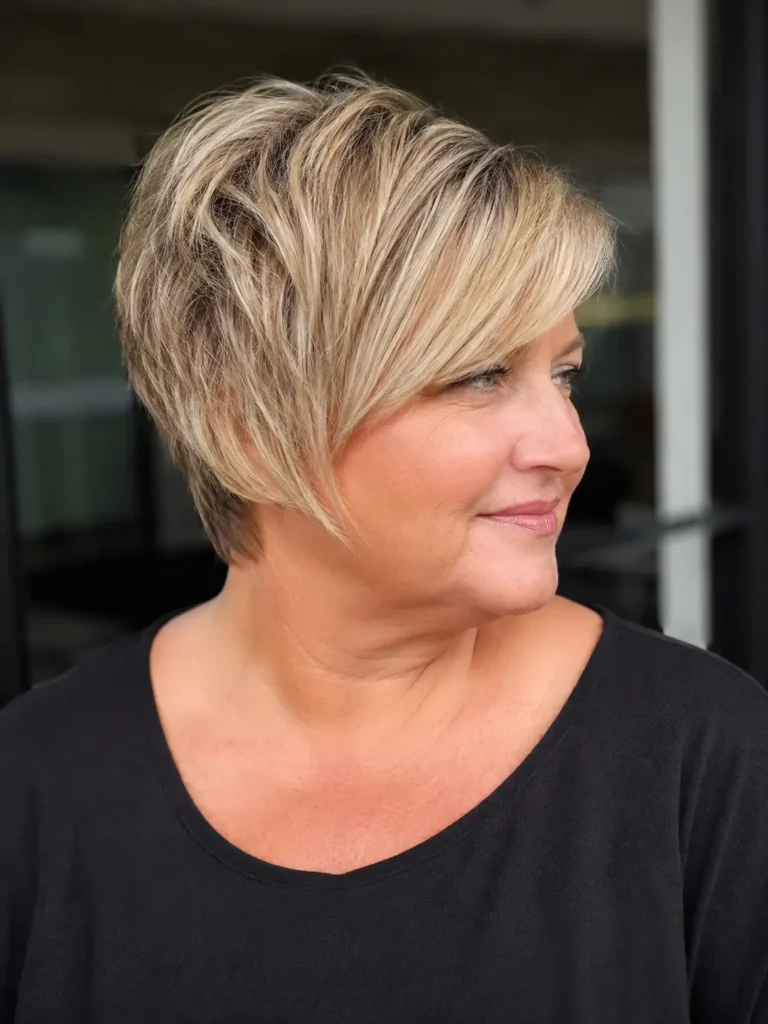 Plus-size English woman with a soft blonde pixie bob haircut featuring long side-swept bangs and textured layers. Her healthy, shiny hair is the main focus of the portrait