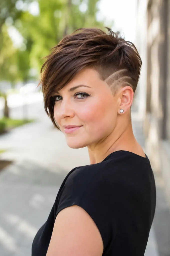 woman with a round face wearing a stylish pixie bob haircut with a side undercut and textured top layers, photographed outdoors in bright natural daylight.