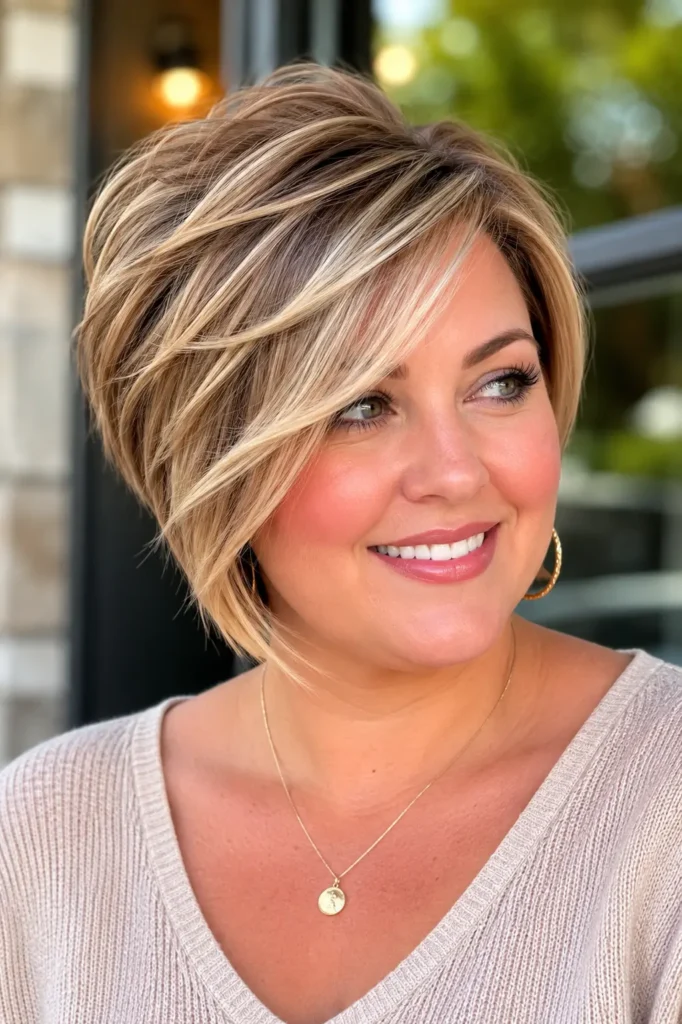 English woman with a voluminous pixie bob haircut and lifted layered crown, styled to flatter a round face.