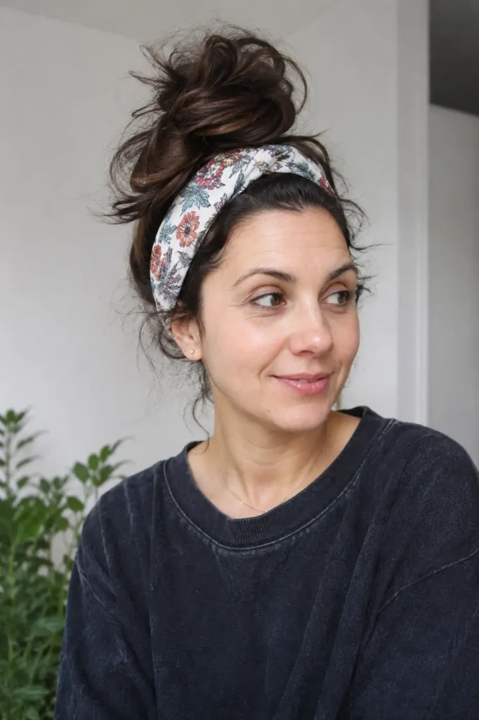 Realistic portrait of a woman with natural facial features and authentic skin texture, wearing a printed floral fabric headband and a textured messy bun hairstyle with loose wisps of hair. She is dressed in a casual dark sweatshirt and looking to the side with a soft smile
