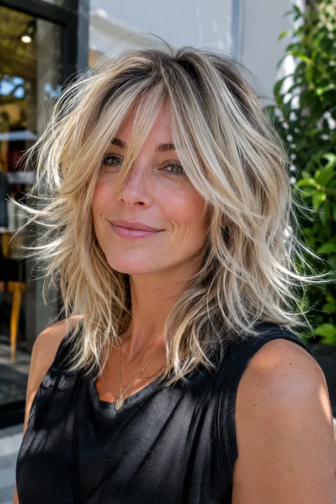English woman with a razor-cut choppy layered blonde haircut, featuring airy textured layers and soft movement.