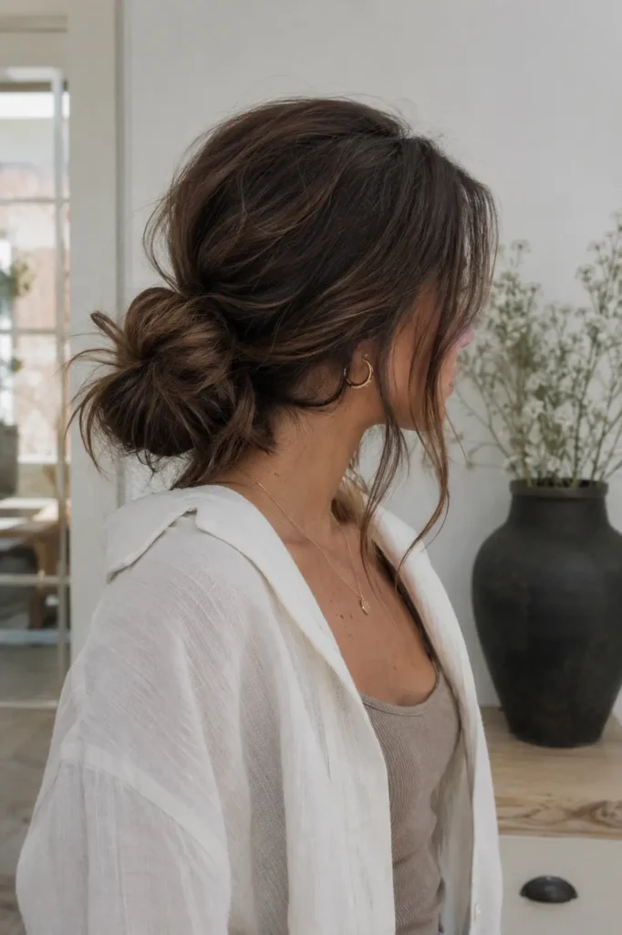 woman with medium-length brunette hair styled in a relaxed low knot, featuring softly twisted sections and loose face-framing strands. The hairstyle showcases natural texture, volume, and shine in soft daylight. She wears a casual chic outfit in a cozy indoor setting