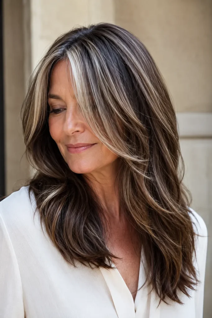 English woman aged 45–60 with rich brunette hair enhanced by shimmering silver foil highlights. Her silky, glossy, layered hair is the main focus, photographed in bright natural daylight against a soft beige background.
