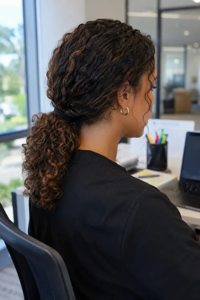 everyday woman with a curly low ponytail hairstyle featuring defined natural curls and realistic shine, viewed from the side and back in a professional office setting. Soft daylight highlights the texture and volume of the curls