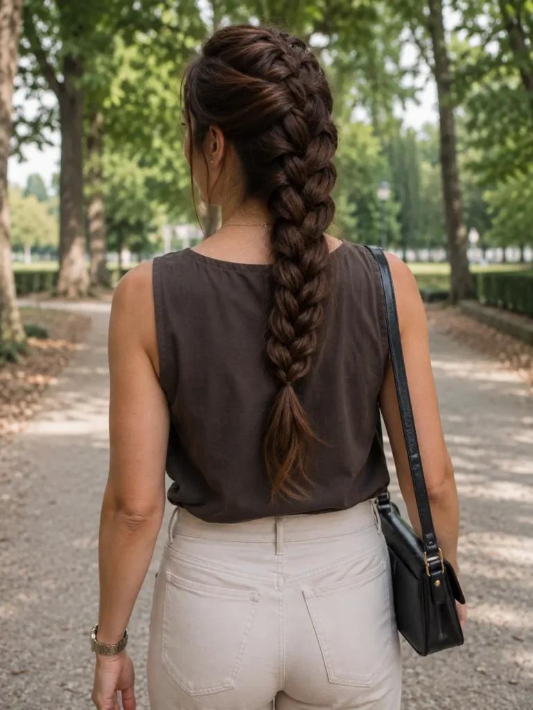 Back view of a real woman aged 25–40 with a long rope braid hairstyle and glossy chestnut brown hair, walking through a sunlit park. She wears a casual chic outfit