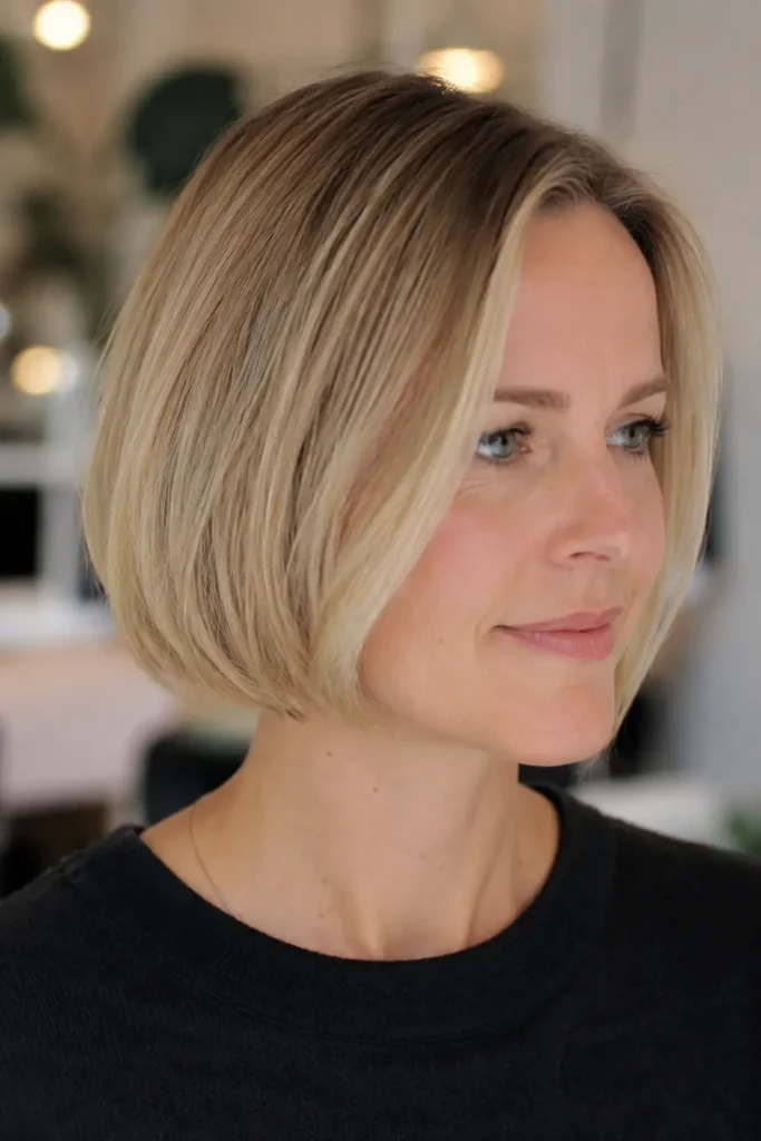 Rounded bob haircut on an English woman with an oval face and smooth light blonde hair in soft natural lighting.
