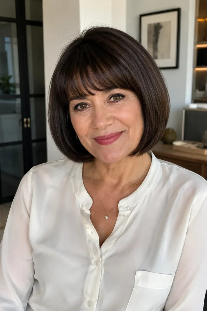 real woman aged 35–55 with a rounded bob haircut and curved bangs, featuring sleek dark brown hair and natural makeup. She wears an elegant white blouse