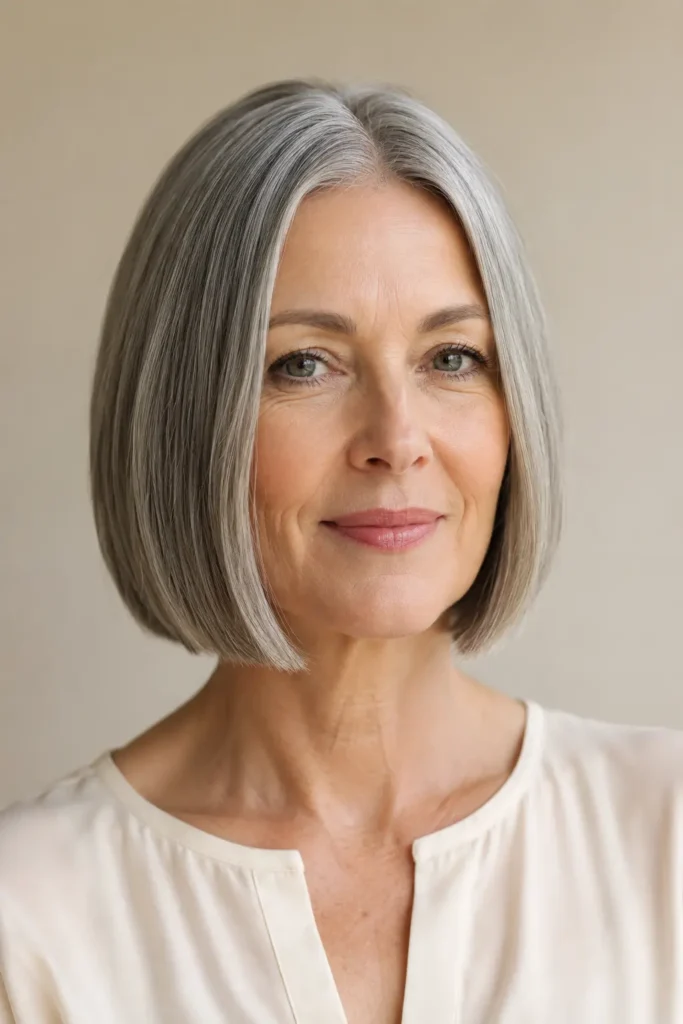 a 50–68-year-old English woman with a sleek salt and pepper blunt bob and center part, featuring glossy silver, gray, and charcoal tones. She wears an ivory blouse against a soft cream background