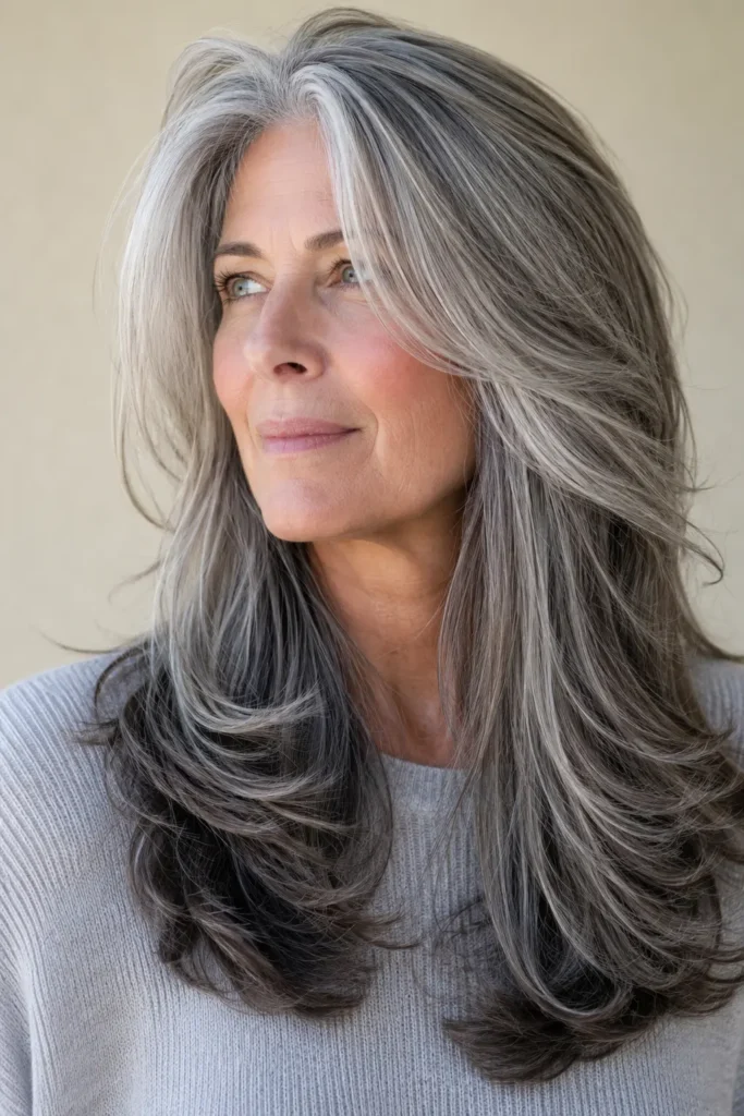 a 52–67-year-old English woman with long salt and pepper butterfly layers featuring soft face-framing pieces. Her glossy silver, gray, and charcoal hair flows with natural movement under bright daylight, paired with a light gray sweater against a beige background.