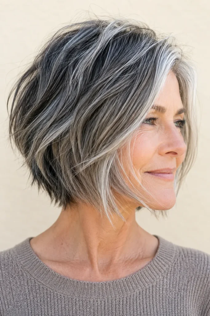 **Alt text:** Real English woman with a textured salt and pepper choppy bob featuring soft piecey layers, blending silver, gray, and charcoal tones with a glossy finish, photographed in bright natural daylight against a cream background.
