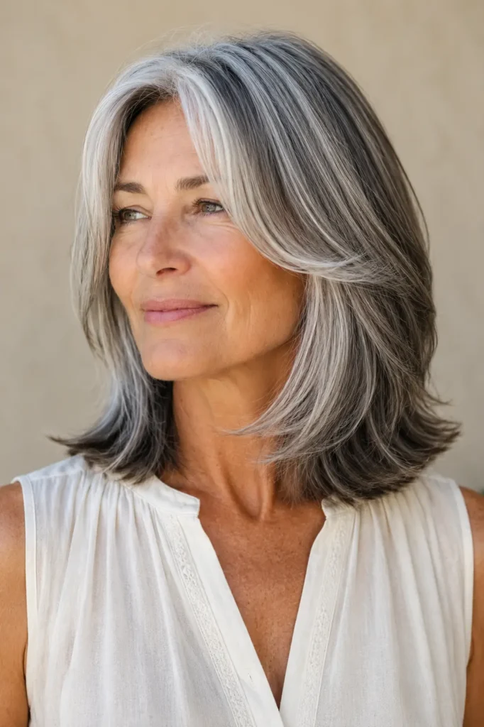 **Alt text:** Mature English woman with collarbone-length salt and pepper layered hair, soft face-framing layers, and glossy silver, gray, and charcoal tones, wearing an ivory blouse against a soft beige background.

