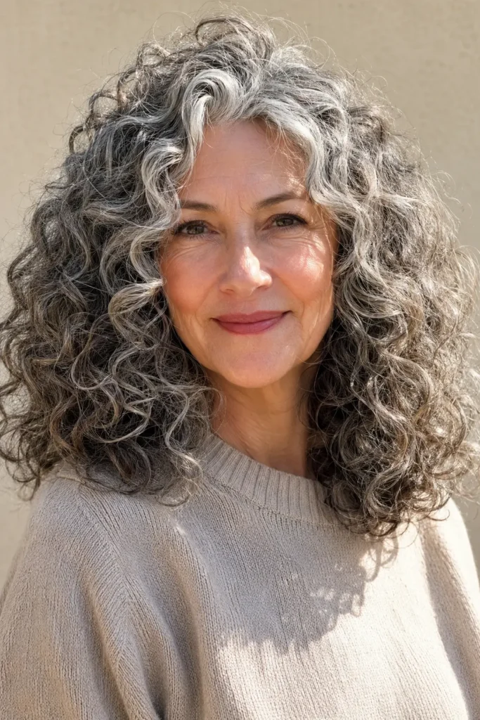 **Alt text:** Real English woman over 50 with naturally curly layered salt and pepper hair, featuring soft defined silver, gray, and charcoal curls in bright natural daylight.
