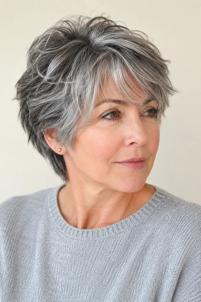 Layered salt and pepper bixie cut with soft textured layers and airy volume on a real English woman over 50, featuring natural silver, gray, and charcoal tones with glossy shine in bright daylight.
