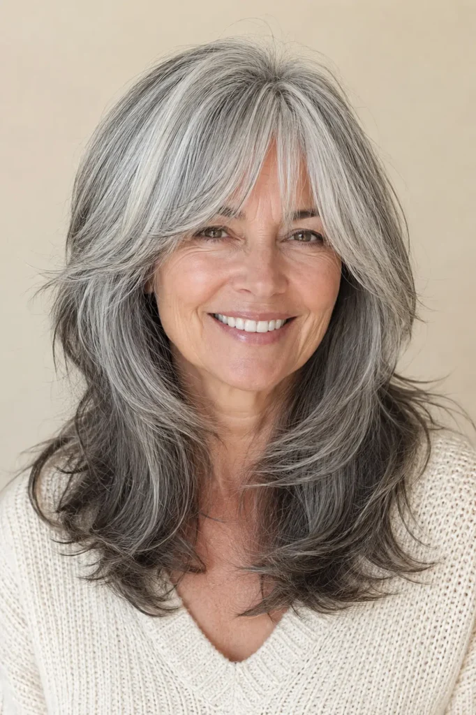English woman aged around 60 with a layered midi salt and pepper haircut, soft curtain bangs, and flowing face-framing layers. Her naturally blended silver, gray, white, and charcoal hair shines in bright natural light against a neutral beige background, paired with an ivory knit sweater.