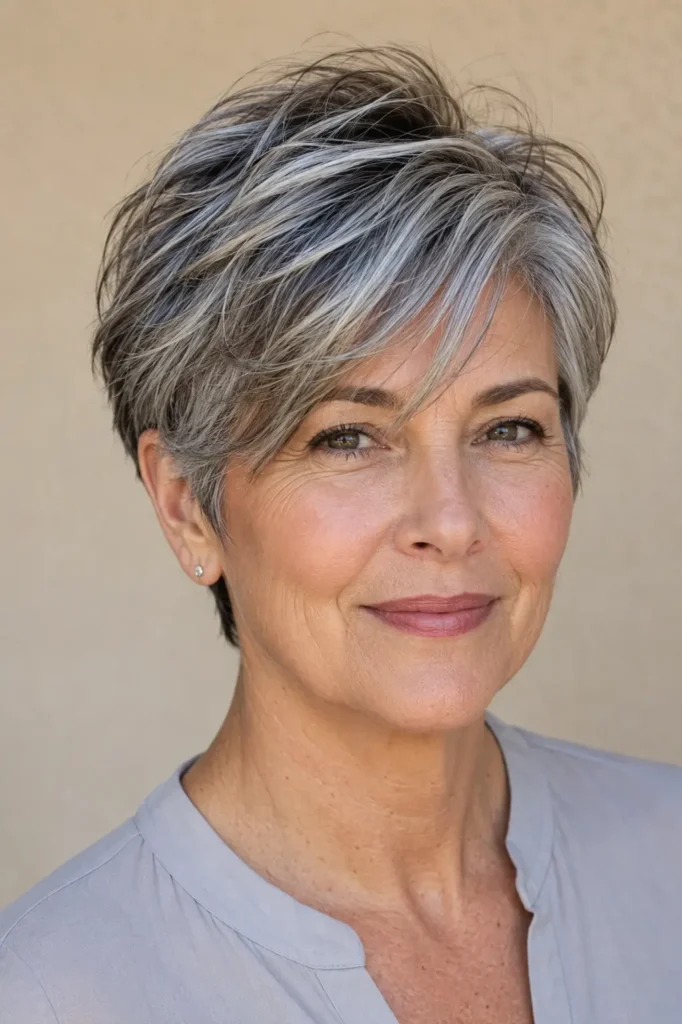 Long salt and pepper pixie cut with soft side-swept bangs and textured crown layers on a mature English woman, featuring glossy silver, gray, and charcoal tones in bright natural daylight.
