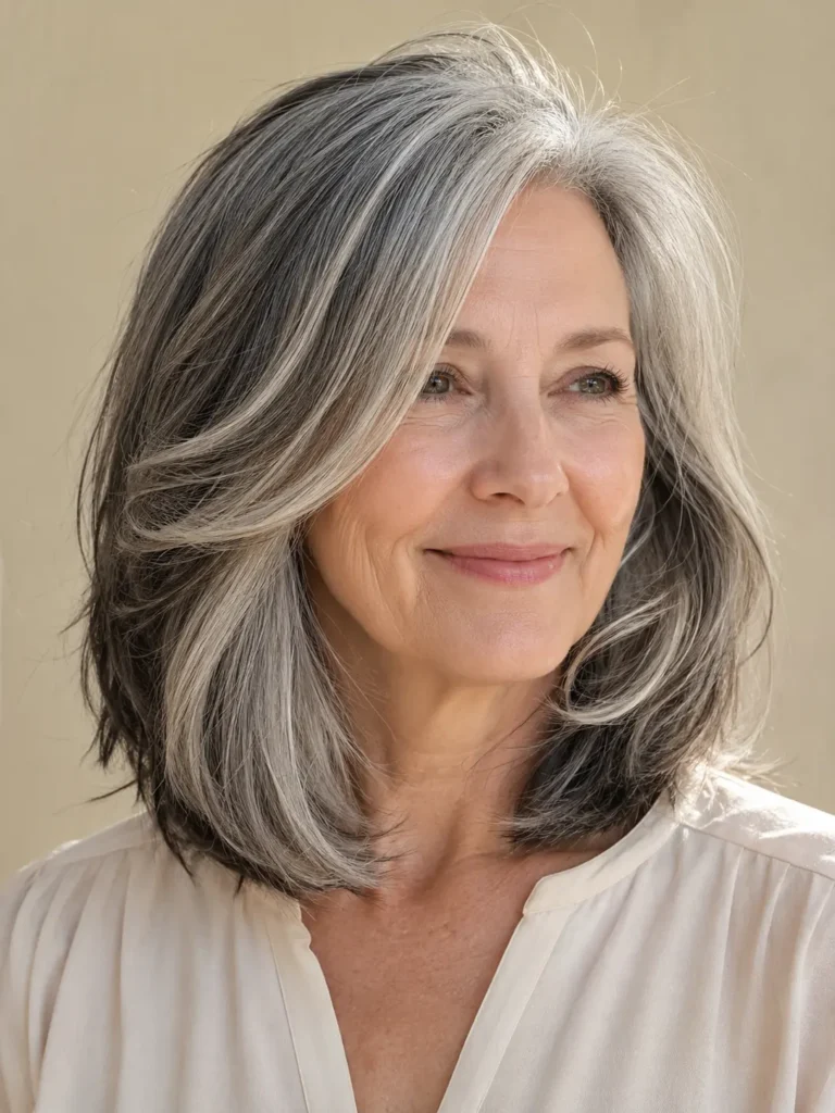 woman aged 50–70 with a shoulder-length layered salt and pepper haircut featuring soft face-framing layers, natural silver and charcoal tones, wearing an ivory blouse against a soft beige background.