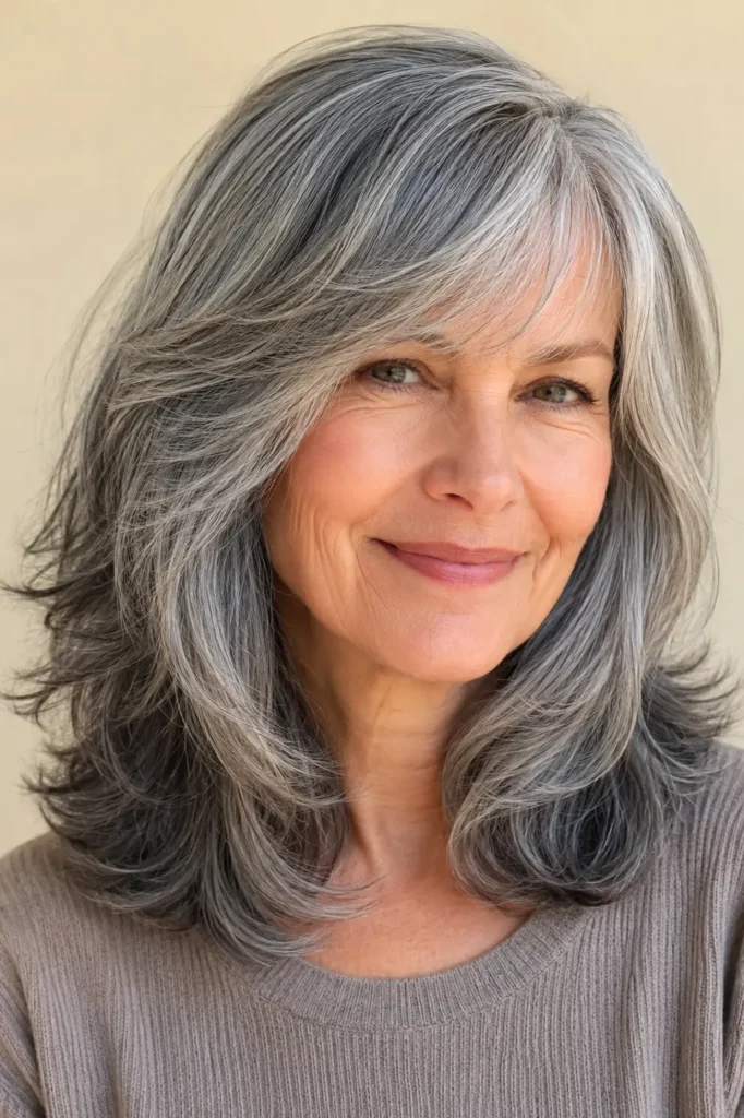**Alt text:** Real English woman aged around 60 with medium-length salt and pepper layered hair, soft side-swept bangs, and naturally blended silver, gray, and charcoal tones, wearing a taupe sweater against a cream background.
