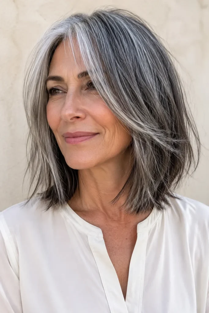 **Alt text:** Real English woman with a shoulder-length salt and pepper razor cut lob featuring wispy face-framing layers, feathered textured ends, and a softly tousled finish.
