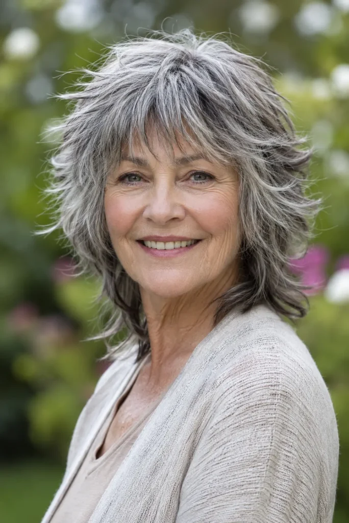  Smiling English woman with a textured salt and pepper shag haircut in natural daylight.
