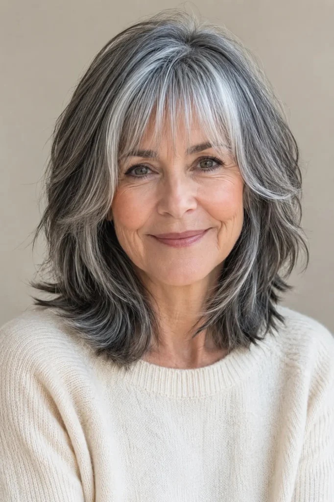 Shoulder-length salt and pepper haircut with soft layers and wispy bangs on a real English woman over 50, featuring glossy silver, gray, and charcoal tones in bright natural daylight against a neutral beige background.
