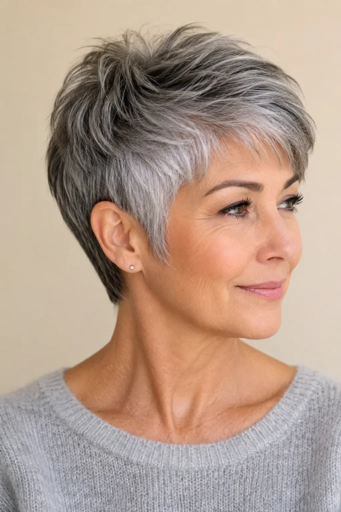 English woman aged around 60 with a tapered salt and pepper pixie haircut featuring a softly textured crown, glossy silver, gray, and charcoal tones, wearing a light gray sweater against a soft beige background.
