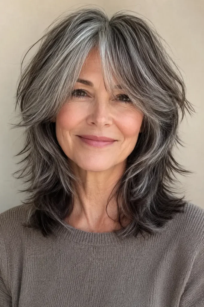 English woman aged around 60 with a modern salt and pepper wolf cut featuring textured feathered layers, soft crown volume, and glossy silver, gray, white, and charcoal hair against a neutral cream background.