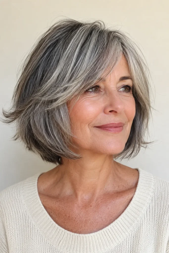 A woman with a wispy layered salt and pepper bob, featuring soft airy ends and natural movement with glossy silver and gray tones.
