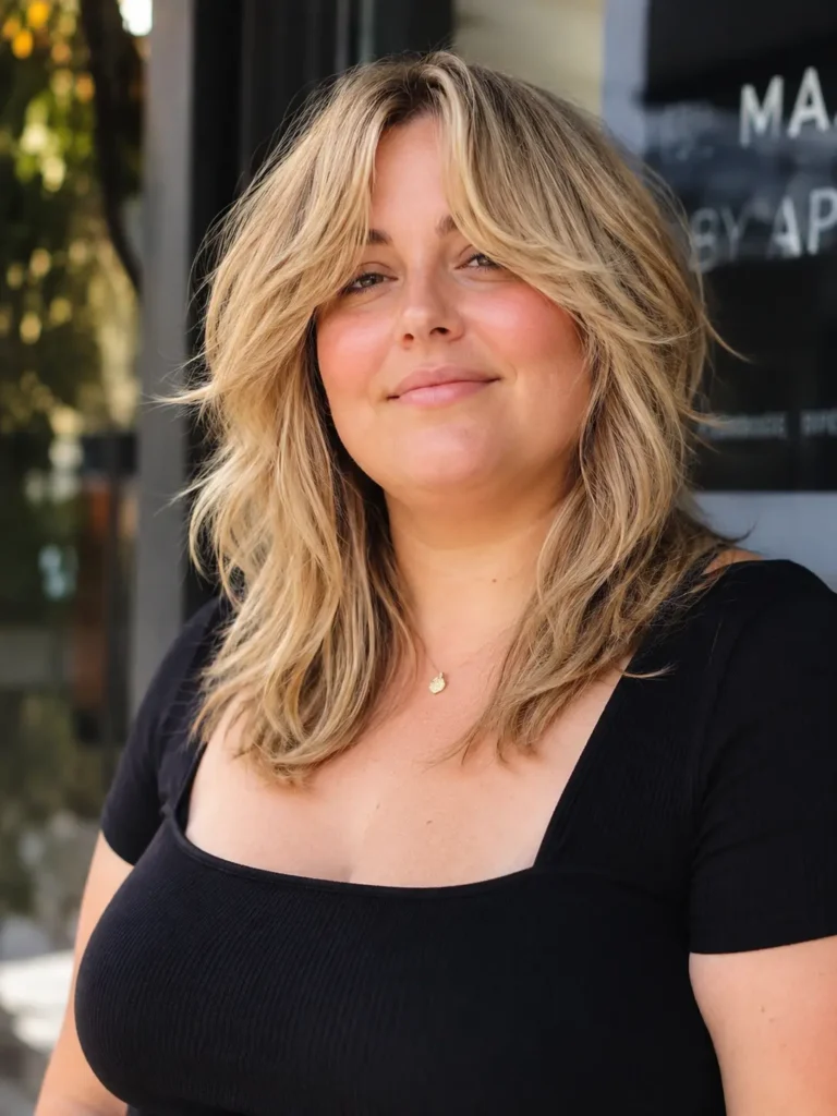 Plus-size English woman with a modern shag haircut and curtain bangs, featuring soft light blonde balayage and textured layers