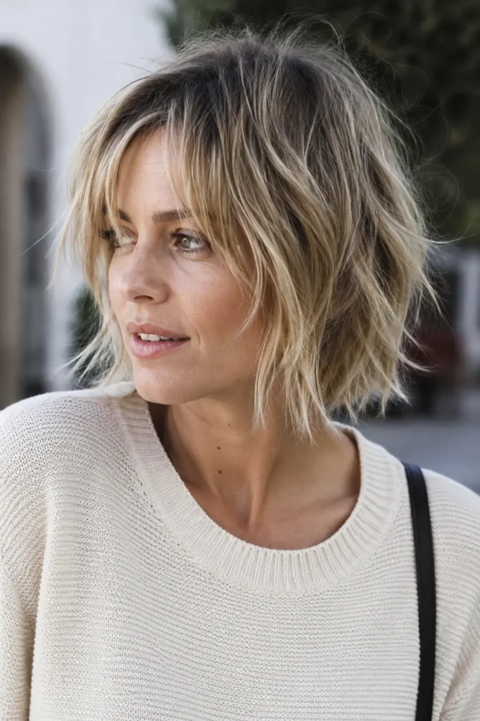 woman with a shaggy bob haircut featuring textured choppy layers and light ash blonde hair, photographed in natural daylight.