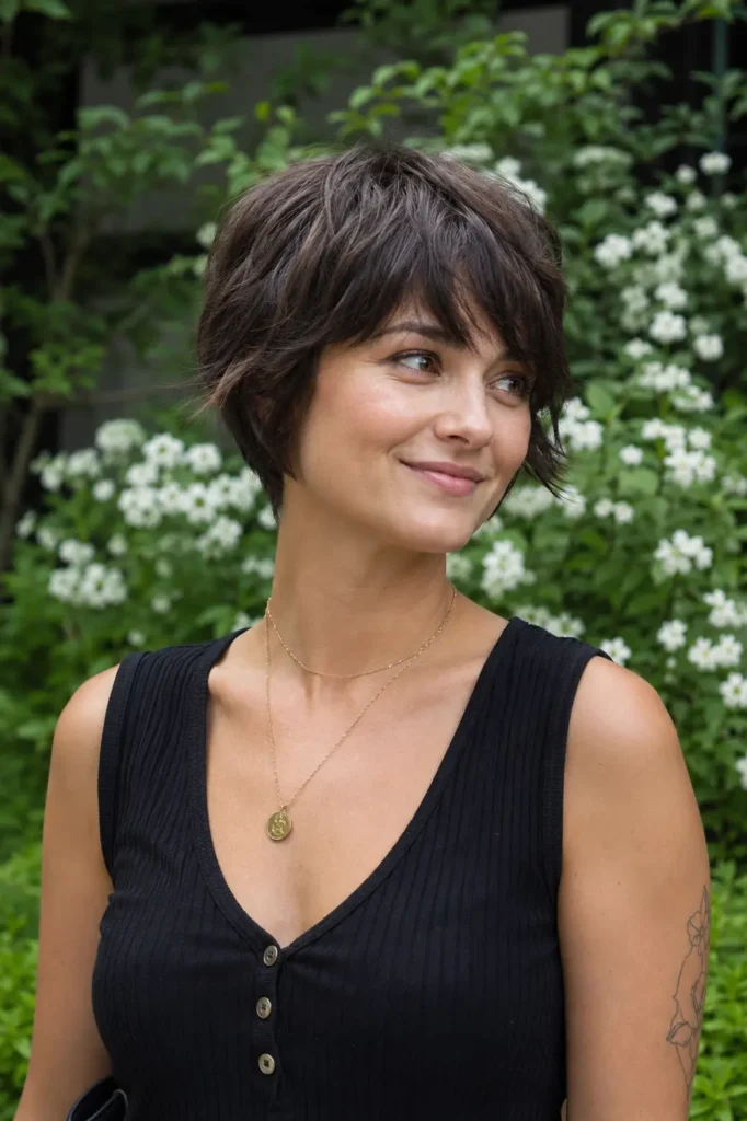 woman with a shaggy pixie haircut and feathered bangs, featuring soft brown hair and natural texture. She is wearing a casual chic black sleeveless top and standing in a lush outdoor garden with white flowers and greenery softly blurred in the background
