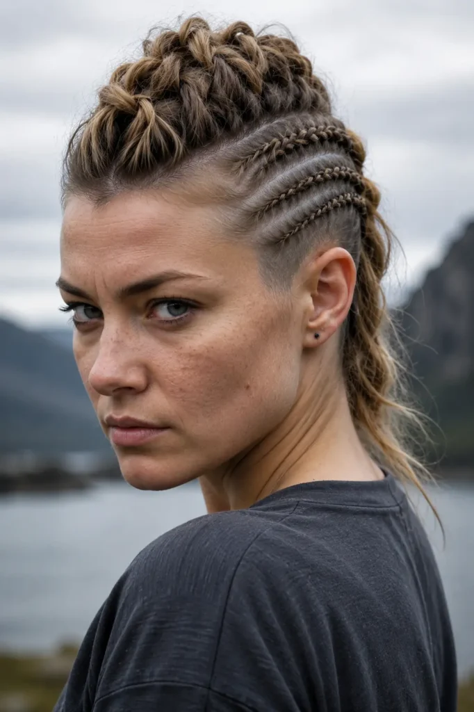 woman with a short Viking-inspired braided mohawk hairstyle featuring shaved braided sides and a textured center strip, wearing a simple dark top outdoors, with natural skin texture