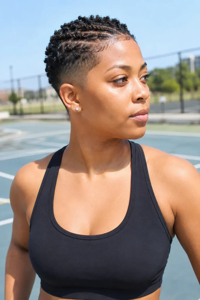woman with a short taper fade hairstyle featuring neatly braided textured hair on top and closely faded sides. She wears a black athletic sports top and stands outdoors on a sports court