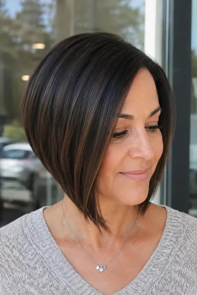 Real woman over 40 with a sleek angled bob haircut featuring longer front sections, rich brunette hair with natural shine, and a modern face-framing shape, photographed in natural daylight for short hairstyle inspiration.
