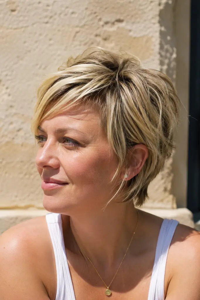 English woman in her late 20s to 40s with a short choppy layered haircut in light ash blonde, photographed outdoors in bright sunlight. Her hairstyle is the main focus, showing natural volume, crown lift, and textured layers.