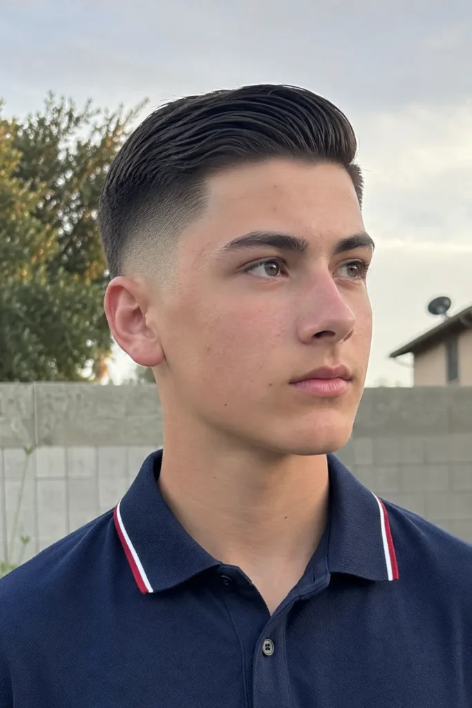 teenage boy with a short comb over fade haircut, neatly combed hair swept to one side and clean faded sides, wearing a navy blue polo shirt. He is standing outdoors in natural daylight with realistic skin texture and authentic facial features