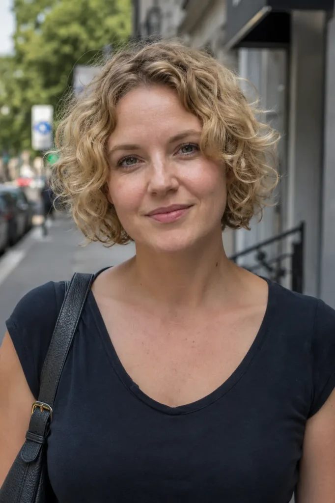 Short blonde curly bob hairstyle on a woman with an oval face, photographed in natural daylight with soft, defined curls and a realistic everyday look.
